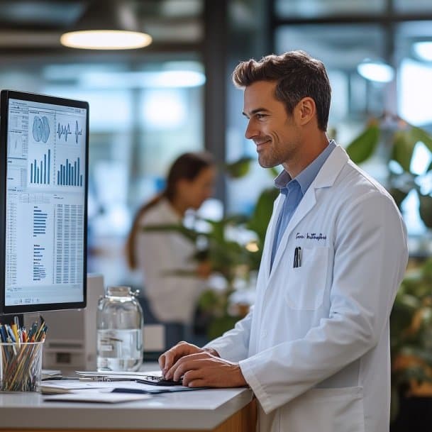 Doctor reviewing OHIP claim forms on a digital monitor.