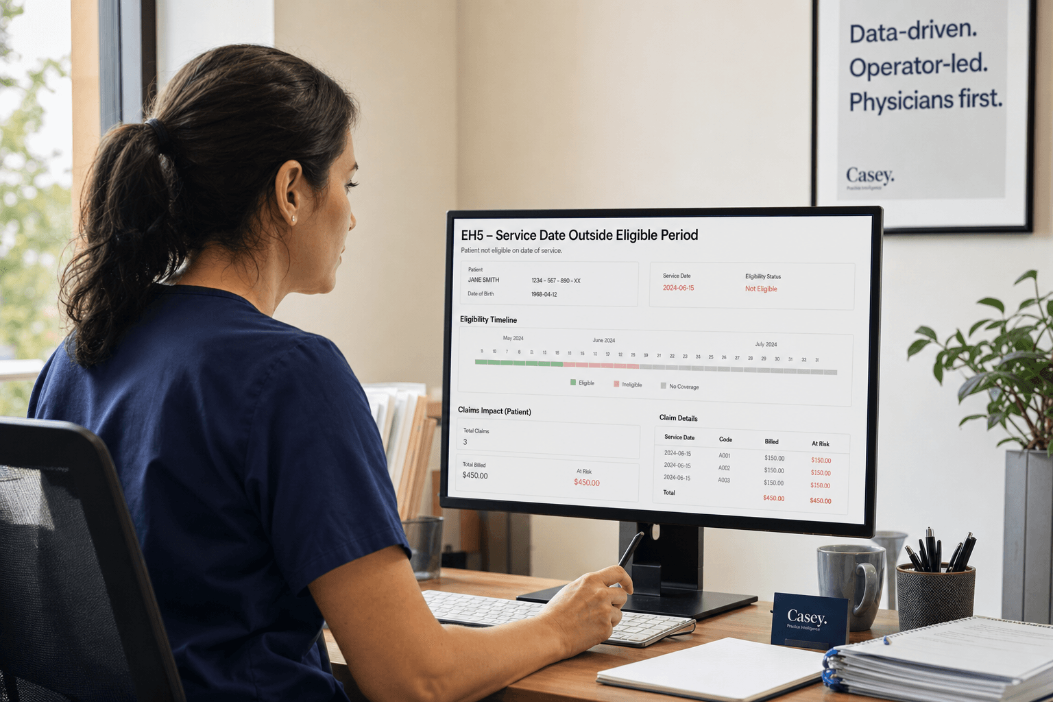 Ontario physician reviewing an EH5 OHIP claim rejection on a billing dashboard