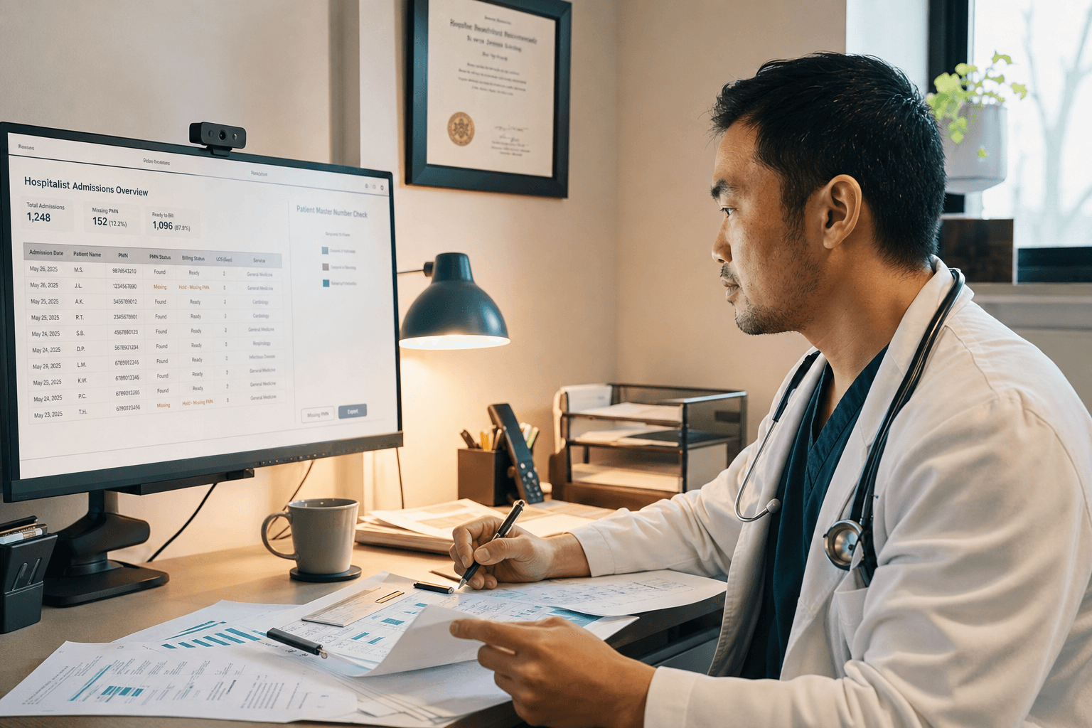 Ontario hospitalist reviewing OHIP inpatient claim data on a tablet at a nursing station