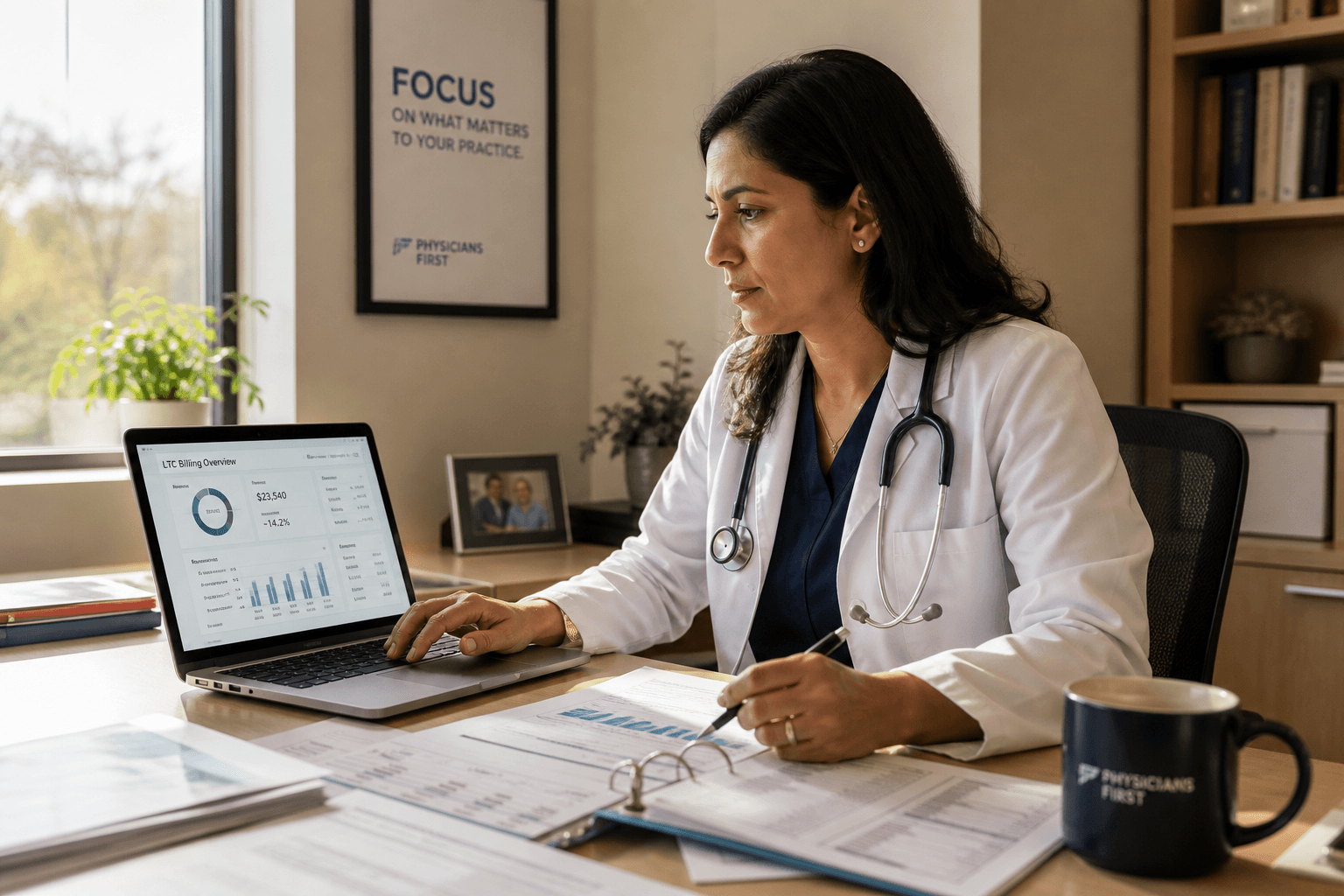 Ontario physician reviewing long-term care billing remittance advice at a nursing home nursing station
