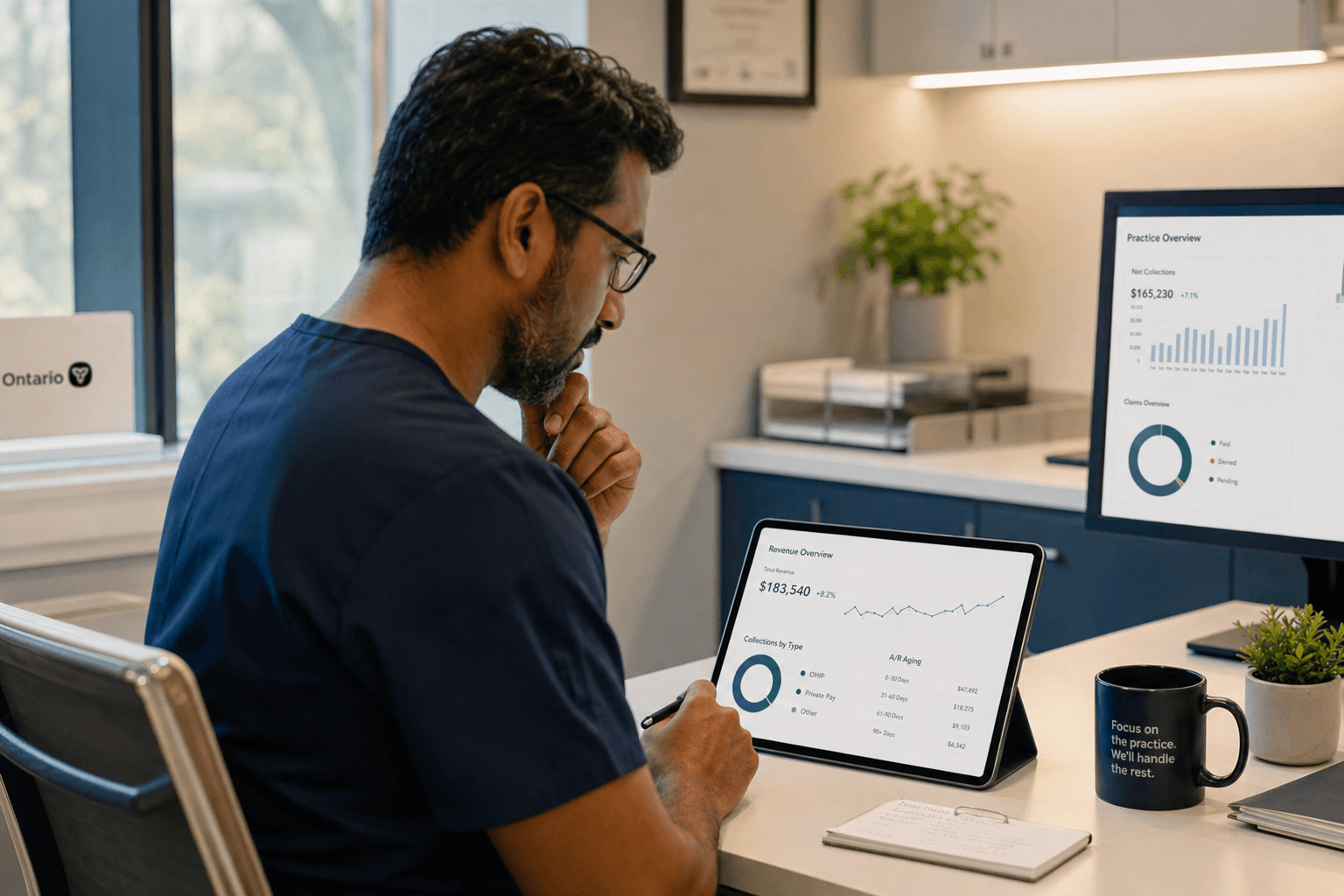 Ontario physician reviewing billing agent comparison metrics on a practice dashboard