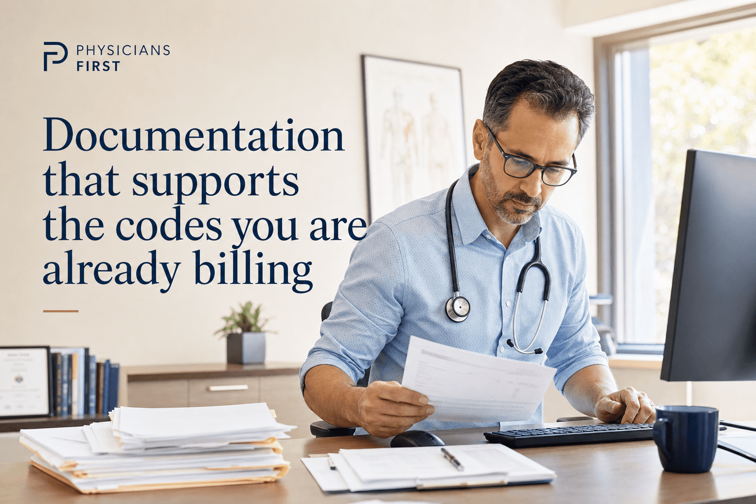 Ontario physician reviewing OHIP documentation requirements at a clinic desk