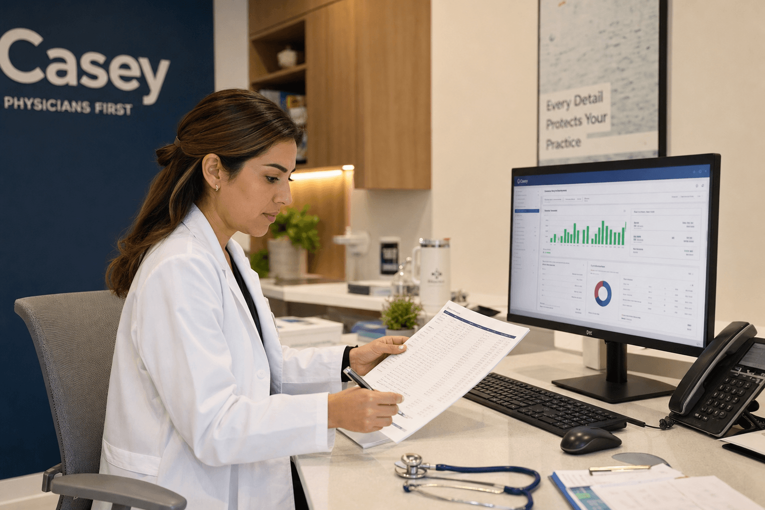 Ontario physician reviewing OHIP billing compliance records at a clinic desk