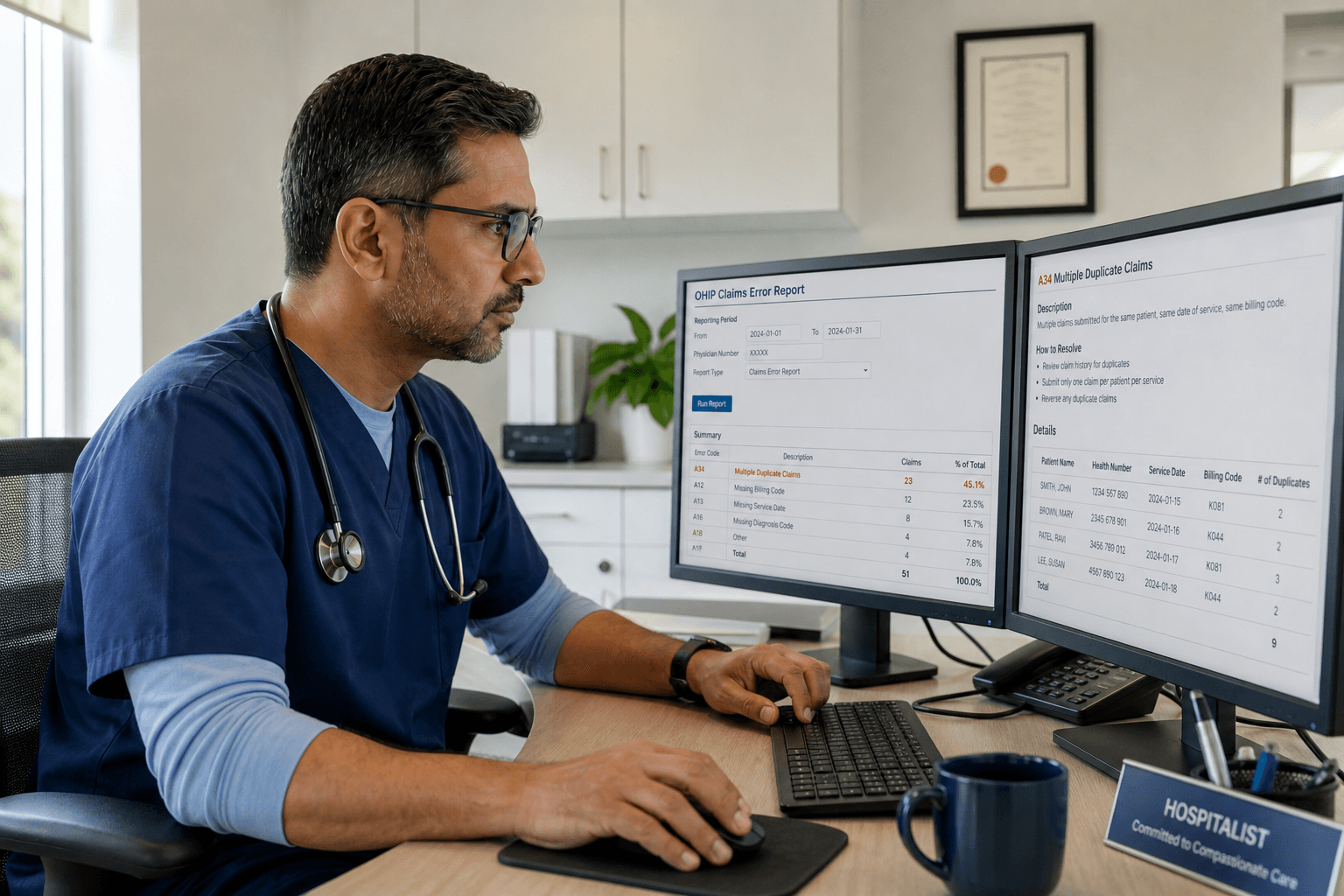 Ontario physician reviewing OHIP Claims Error Report code A34