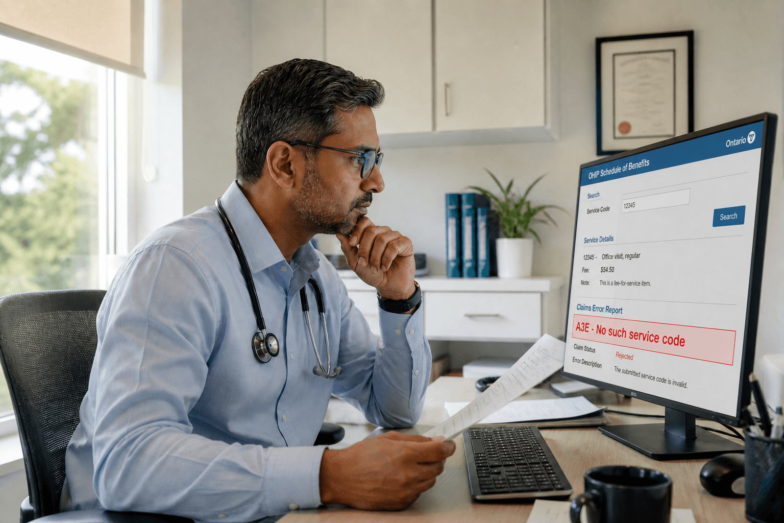 Ontario physician reviewing OHIP Claims Error Report code A3E