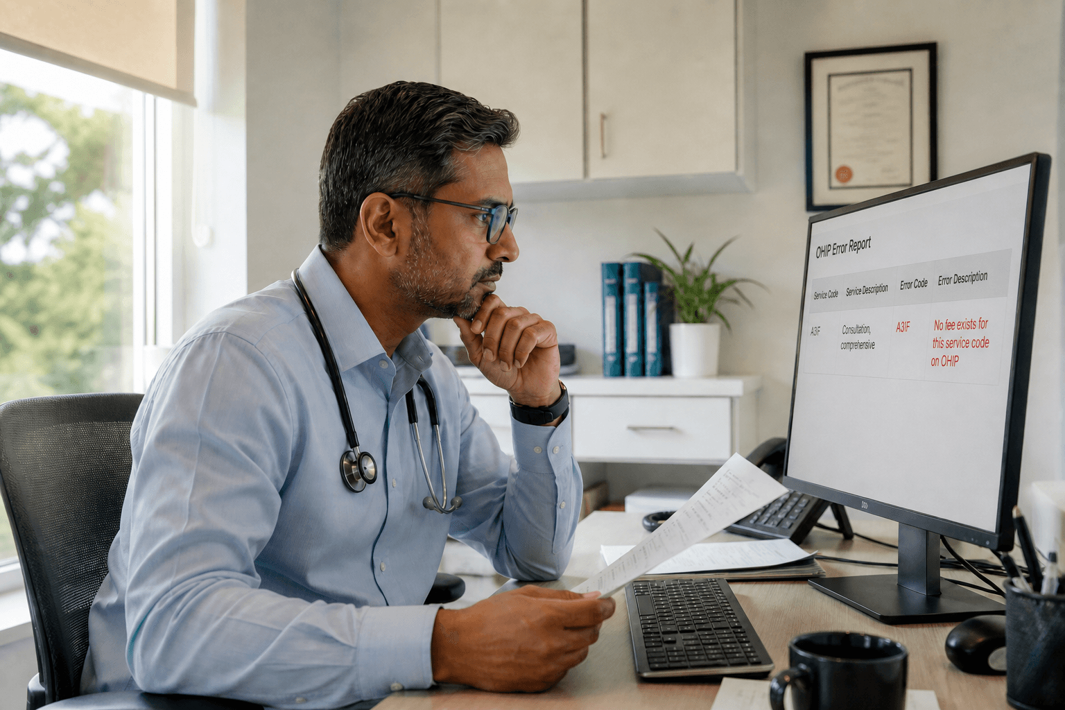 Ontario physician reviewing OHIP Claims Error Report code A3F