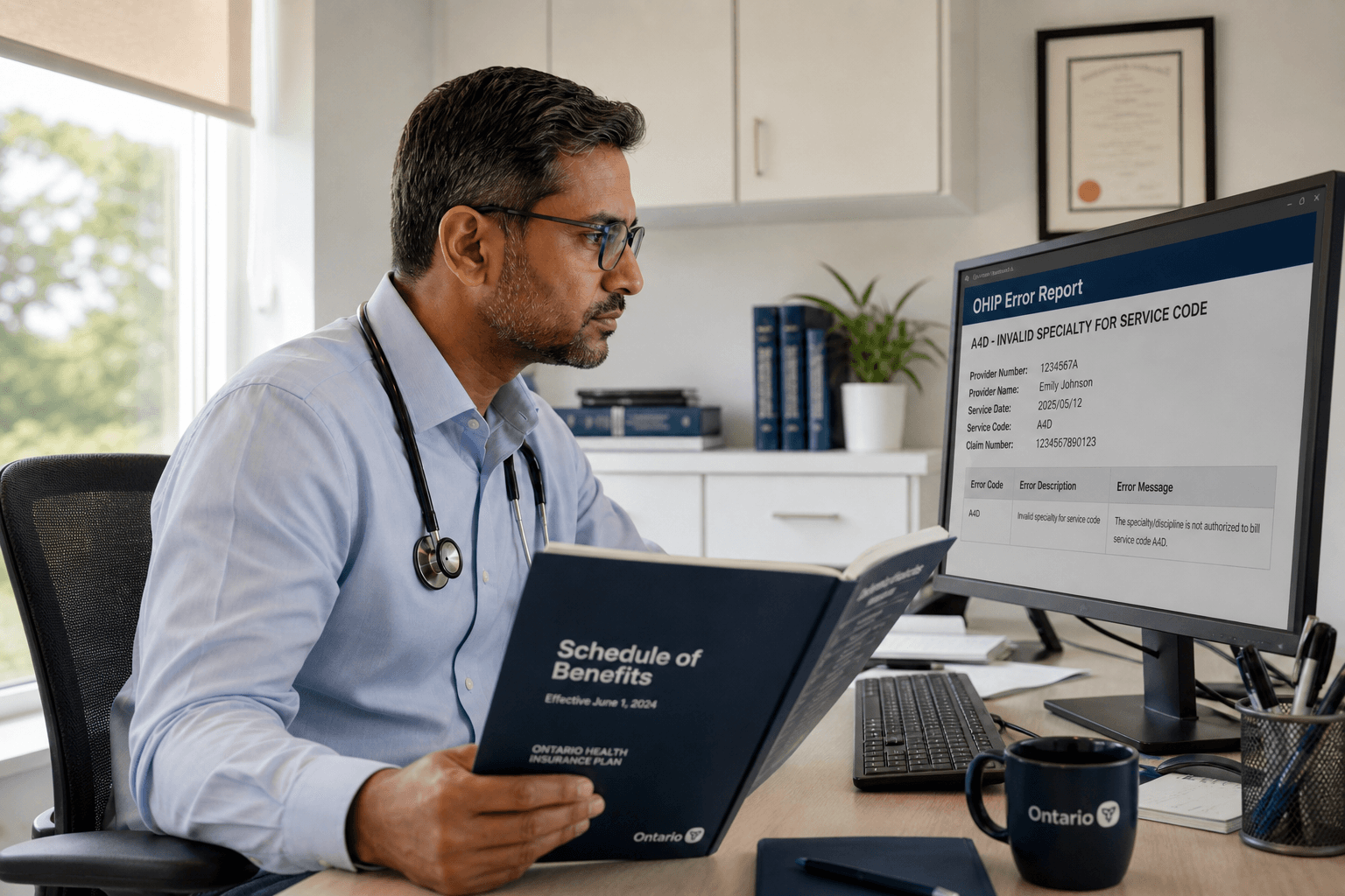 Ontario physician reviewing OHIP Claims Error Report code A4D