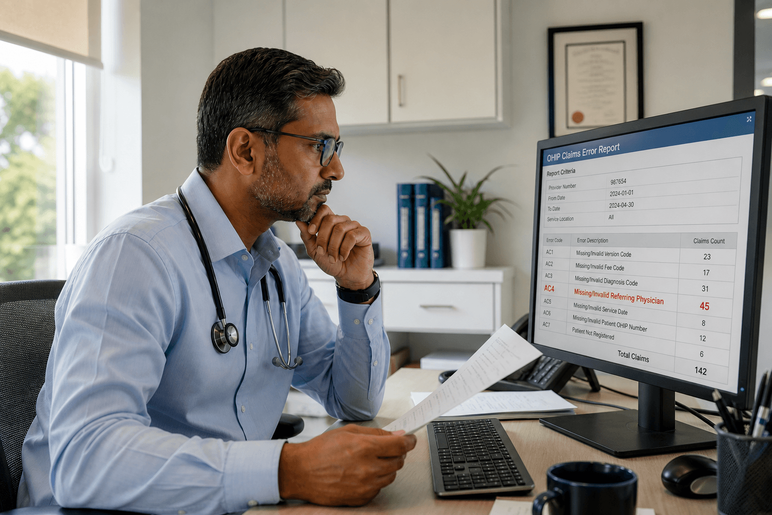 Ontario physician reviewing OHIP Claims Error Report code AC4