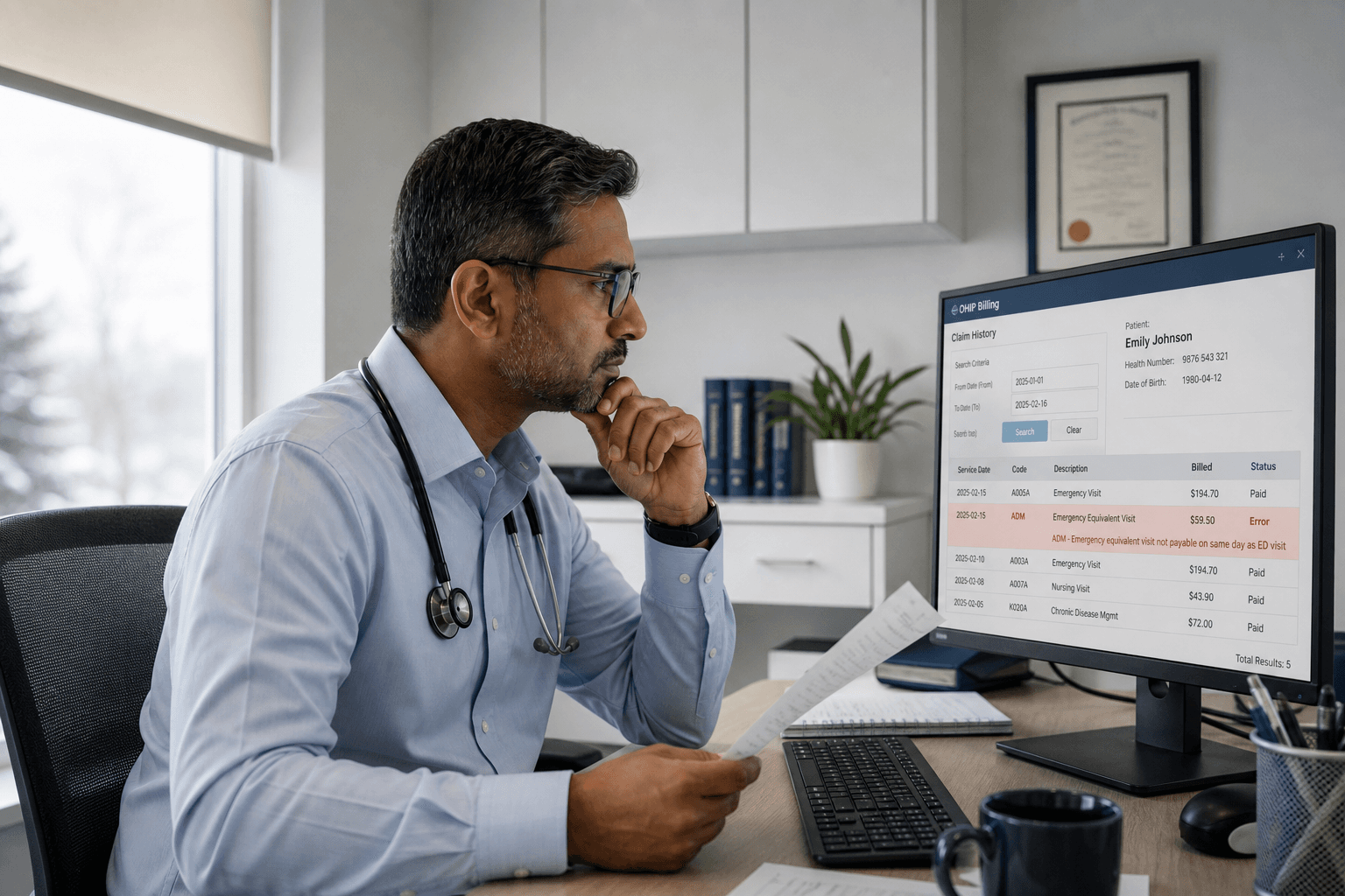 Ontario physician reviewing OHIP Claims Error Report code ADM