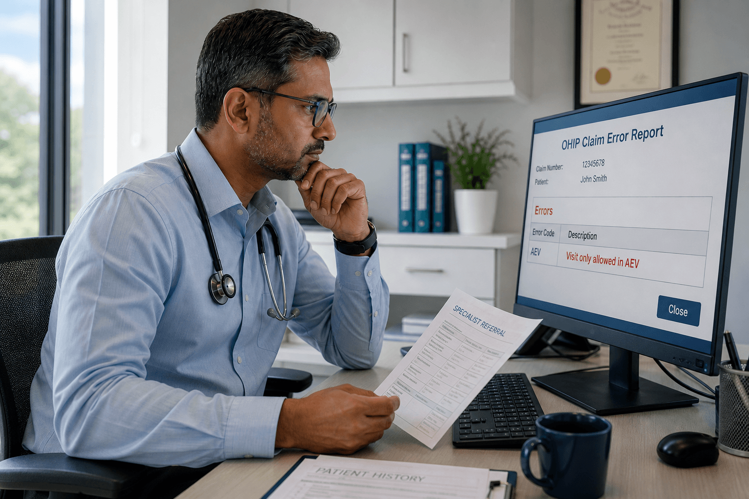 Ontario physician reviewing OHIP Claims Error Report code AEV