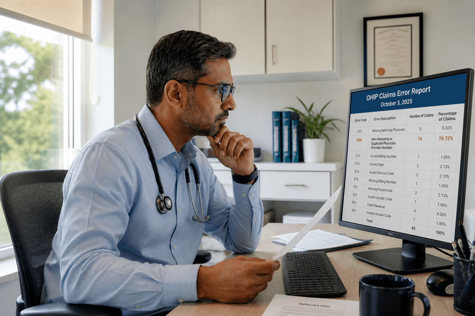 Ontario physician reviewing OHIP Claims Error Report code EQ6