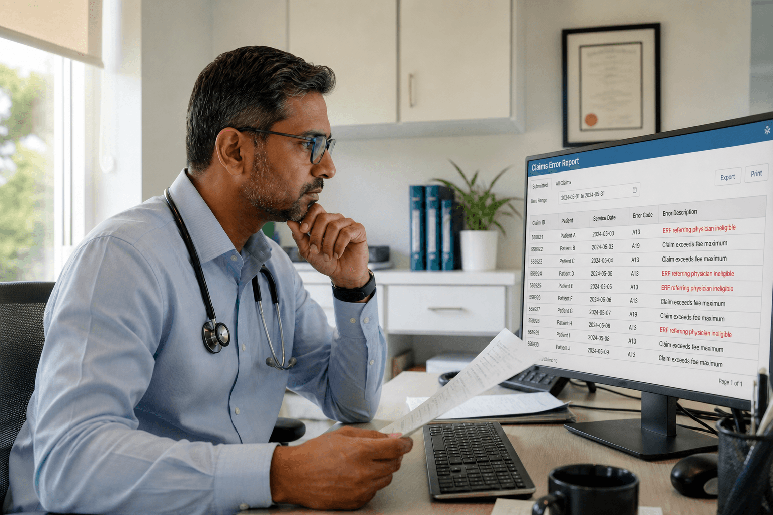 Ontario physician reviewing OHIP Claims Error Report code ERF
