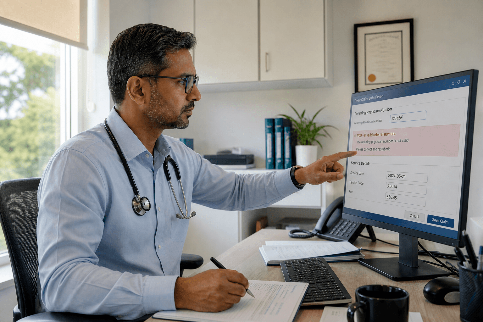 Ontario physician reviewing OHIP Claims Error Report code V09