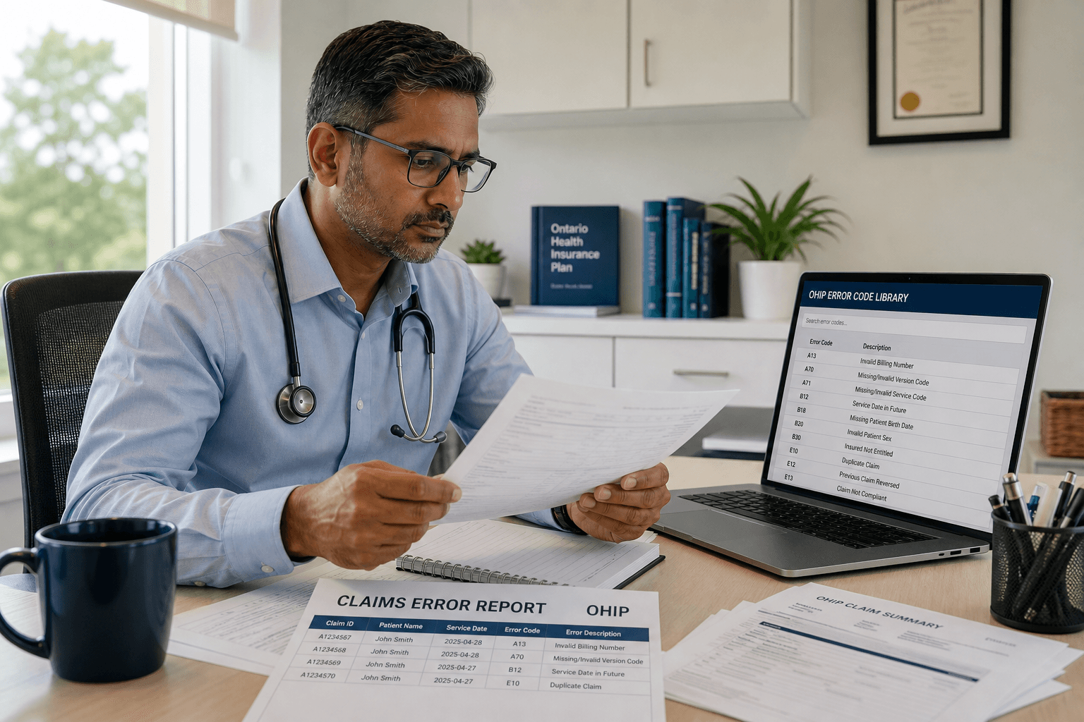 Ontario physician reviewing OHIP Claims Error Report codes